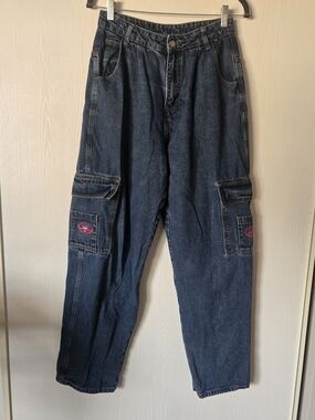 Dark Wash Cargo Denim Jeans with Knee Pockets